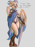  2018 anthro avian beak bird blue_feathers blush breasts clothed clothing dialogue digital_media_(artwork) evilymasterful feathers female fully_clothed green_eyes medium_breasts melee_weapon multicolored_body multicolored_feathers nervous open_mouth seductive shaded simple_background skimpy solo standing sword weapon wings yellow_body yellow_feathers 
