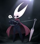  annoyed big_breasts black_eyes black_skin bottomless bound breast_bondage breasts cloak clothed clothing dark_skin elfdrago female hollow_knight hollow_knight_(species) hornet_(hollow_knight) huge_breasts mostly_nude nipples pussy solo video_games 