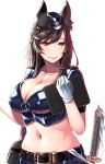  alternate_costume animal_ears atago_(azur_lane) azur_lane bangs belt breasts brown_eyes brown_hair cleavage closed_mouth extra_ears gloves hiememiko highres large_breasts long_hair looking_at_viewer mole mole_under_eye navel smile solo swept_bangs sword uniform upper_body weapon white_gloves 