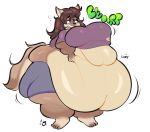  belly_grab boxmingle brown_eyes brown_fur brown_hair burping canid canine clothing female fur hair long_hair mammal morbidly_obese obese open_mouth overweight overweight_female shorts solo ssbbw standing 