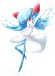  1girl alternate_color arm_up blue_hair bubble creatures_(company) female fish full_body game_freak gen_3_pokemon goldfish hair_over_one_eye hand_up happy highres kirlia leg_up muguet nintendo no_humans open_mouth pokemon pokemon_(creature) red_eyes ripples shiny_pokemon simple-background smile solo standing standing_on_one_leg water white_background 