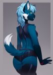  2018 anthro bare_shoulders big_butt biped black_nose blue_ears blue_fur blue_hair blue_tail bra butt canid canine clothed clothing digital_media_(artwork) dipstick_tail female fur gloves_(marking) green_eyes grey_background hair hi_res inner_ear_fluff iwbitu legwear looking_at_viewer looking_back mammal markings multicolored_fur multicolored_tail panties portrait presenting presenting_hindquarters rear_view simple_background solo sports_bra standing stockings thick_thighs thigh_highs three-quarter_portrait two_tone_tail underwear white_fur white_tail 