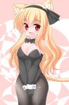  animal_ears bare_shoulders black_leotard black_neckwear blonde_hair bow bowtie breasts cat_ears cat_girl cat_tail cleavage commentary_request covered_navel detached_collar elbow_gloves gloves grey_legwear hairband hands_clasped highres kanijiru kittysuit leotard long_hair medium_breasts original own_hands_together pantyhose solo standing strapless strapless_leotard tail twitter_username v_arms very_long_hair white_collar white_hairband wrist_cuffs 