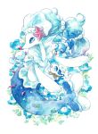  blue_hair bubble commentary fish flower highres long_hair mermaid monster_girl non-kumakawayusu4620 pokemon pokemon_(game) pokemon_sm popplio primarina sea_lion seal starfish traditional_media watercolor_(medium) wishiwashi wooper 