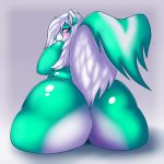  2018 anthro arizona_the_vixen arizonathevixen big_butt blush butt digital_media_(artwork) facial_piercing female green_nose hair hi_res huge_butt looking_at_viewer looking_back mammal mephitid nose_piercing nude obese overweight piercing pink_eyes rear_view septum_piercing simple_background sitting skunk smile solo striped_skunk voluptuous white_hair wide_hips 