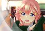  :d bangs blazer blurry blurry_background blush cac_itinose chair chalkboard classroom commentary_request day depth_of_field desk eyebrows_visible_through_hair go-toubun_no_hanayome green_jacket hair_between_eyes hair_ornament hands_up highres indoors jacket long_hair long_sleeves nakano_itsuki open_blazer open_clothes open_jacket open_mouth pink_hair purple_eyes round_teeth school_chair school_desk shirt smile solo star star_hair_ornament sunlight teeth upper_teeth white_shirt window 