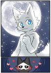  &lt;3 2018 ambiguous_gender anthro biped black_fur blue_eyes blush canine changed_(video_game) comic cute duo fchicken fur goo_creature lin_(changed) mammal mask monster moon moonlight outside puro_(changed) white_fur wolf 