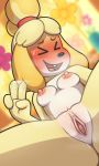 animal_crossing anthro black_nose blush breasts canine dog embarrassed female fur isabelle mammal maypul_syrup multicolored_fur nintendo nipples pink_nipples presenting presenting_pussy pussy selfie solo spread_legs spreading v_sign video_games white_fur yellow_fur 