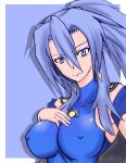  1girl bangs blue_background blue_eyes blue_hair breasts cape covered_nipples creatures_(company) earrings eyebrows_visible_through_hair female game_freak hair_between_eyes hand_on_chest high_ponytail ibuki_(pokemon) jewelry large_breasts long_hair looking_at_viewer nintendo pokemon pokemon_(game) pokemon_gsc ponytail simple_background skin_tight solo tony_man+ 