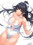  animal_ears arm_support azur_lane bare_shoulders black_hair blush bow breasts casual_one-piece_swimsuit center_opening cleavage collarbone commentary_request cowboy_shot criss-cross_halter curvy dated dog_ears eyebrows_visible_through_hair groin hair_between_eyes hair_bow hair_ears hair_flaps halterneck happa_(cloverppd) highleg highleg_swimsuit large_breasts light_smile lips looking_at_viewer navel_cutout one-piece_swimsuit pink_lips ponytail ribbon shiny shiny_skin signature simple_background sitting solo swimsuit takao_(azur_lane) thigh_gap thighs white_background white_bow white_ribbon white_swimsuit yellow_eyes 