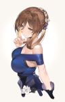  alternate_costume alternate_eye_color alternate_hairstyle bangs bare_shoulders beige_background blue_dress blue_eyes blush braid breasts brown_hair cleavage closed_mouth commentary_request cropped_torso crown_braid dress earrings flower flower_earrings girls_frontline gloves hair_between_eyes hair_flower hair_ornament hair_rings hair_up hand_up highres jewelry large_breasts liduke long_hair looking_at_viewer m1903_springfield_(girls_frontline) off-shoulder_dress off_shoulder rose sidelocks simple_background single_glove smile solo tearing_up tears upper_body white_flower white_rose 