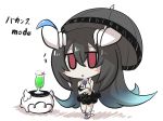  anchorage_water_oni aqua_hair black_hair blue_flower blue_rose blush_stickers chibi commentary flower food frilled_swimsuit frills full_body goma_(gomasamune) hair_between_eyes highres horns ice_cream ice_cream_float kantai_collection looking_at_viewer multicolored_hair open_mouth parasol red_eyes rose shinkaisei-kan shoes sleeveless standing swimsuit translated umbrella 