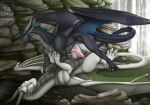  2018 ambiguous_gender black_scales blue_eyes day detailed_background digital_media_(artwork) dragon duo feral green_eyes lying male membranous_wings on_back outside penis pinkdragonlove scales scalie spines standing waterfall western_dragon white_scales wings 