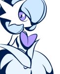  blue_hair creatures_(company) game_freak gardevoir gen_3_pokemon hair_over_one_eye hands_together looking_at_viewer mega_gardevoir monochrome muguet nintendo no_humans no_mouth pokemon pokemon_(creature) purple_eyes short_hair simple_background solo standing white_background 