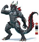  2018 abs alrath anthro balls biceps big_penis black_penis black_skin claws cock_ring corruption dragon fist flexing frill genital_piercing hi_res horn invalid_tag male markings model_sheet muscular muscular_male partially_retracted_foreskin pecs penis penis_piercing piercing pose red_eyes rollwulf simple_background solo spines standing uncut vein white_background 