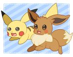  :3 black_eyes blue_background blush blush_stickers border brown_eyes eevee full_body gen_1_pokemon happy muguet no_humans open_mouth pikachu pokemon pokemon_(creature) simple_background smile striped striped_background white_border 