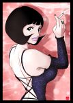  1girl backless_dress backless_outfit black_border black_eyes black_hair black_nails border breasts chris_re5 cigarette detached_sleeves dress female holding holding_cigarette jewelry large_breasts nail_polish one_piece ring shakuyaku_(one_piece) short_hair solo 