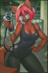  2018 anthro black_nose blue_eyes breasts brown_fur camera canine chest_tuft claws cleavage clothed clothing eyewear female fur glasses hair looking_at_viewer mammal miles_df pose red_hair selfie tuft watch wolf yoga_pants 