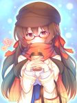  azur_lane bangs blue_skirt blush brown_hair coat commentary covered_mouth cup disposable_cup drinking_straw eyebrows_visible_through_hair fringe_trim glasses hair_between_eyes hands_up head_tilt heart holding holding_cup interlocked_fingers london_(azur_lane) long_hair long_sleeves open_clothes open_coat pleated_skirt red-framed_eyewear red_eyes red_scarf sakurato_ototo_shizuku scarf semi-rimless_eyewear shirt skirt solo under-rim_eyewear very_long_hair white_coat white_shirt 