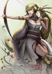  aiming arrow artemis_(p&amp;d) artist_name blue_eyes bow_(weapon) breasts cleavage commentary deviantart_username drawing_bow dress english_commentary flower grey_dress hair_between_eyes highres holding holding_arrow holding_bow_(weapon) holding_weapon jewelry klegsart long_hair medium_breasts necklace outstretched_arm ponytail puzzle_&amp;_dragons quiver red_flower shiny shiny_hair sidelocks solo very_long_hair weapon 