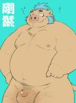  balls blue_background blue_hair boar body_hair facial_hair gouryou hair male mammal nipples nude overweight penis porcine sideburns simple_background small_penis tokyo_afterschool_summoners wantaro 