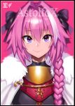  armor astolfo_(fate) bangs black_border black_bow black_shirt border bow braid cape chain character_name closed_mouth cover cover_page doujin_cover emblem eyebrows_visible_through_hair fate/grand_order fate_(series) fur_collar fur_trim glint gold_trim gorget hair_between_eyes hair_bow hair_intakes hair_over_shoulder interlocked_mars_symbols light_blush long_hair looking_at_viewer male_focus mars_symbol meme50 multicolored_hair otoko_no_ko pink_hair purple_eyes rating shiny shiny_hair shirt single_braid smile solo streaked_hair turtleneck two-tone_hair white_cape white_hair 