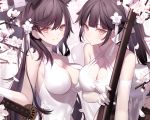  absurdres alternate_costume animal_ears atago_(azur_lane) azur_lane bangs black_hair black_legwear blush bow breasts brown_eyes cleavage closed_mouth commentary_request criss-cross_halter dress elbow_gloves extra_ears eyebrows_visible_through_hair flower gloves hair_bow hair_flaps hair_flower hair_ornament hair_ribbon halter_dress halterneck highres holding holding_sword holding_weapon katana lace lace-trimmed_gloves lace-trimmed_legwear large_breasts leaning_forward long_hair looking_at_viewer mole mole_under_eye multiple_girls ponytail ribbon sheath sheathed shinooji sidelocks smile swept_bangs sword takao_(azur_lane) tareme taut_clothes taut_dress thighhighs tsurime very_long_hair weapon white_bow white_dress white_gloves white_ribbon 