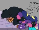  2018 anthro belly big_butt butt cosmicscourge cosmog dialogue doughnut duo eating female food legendary_pok&eacute;mon lying male nintendo not_furry nude on_front ophelia_(cosmicscourge) ori_(cosmicscourge) pok&eacute;mon pok&eacute;mon_(species) short_stack sibling simple_background slightly_chubby thick_thighs video_games voluptuous wide_hips 