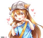  :d animal_ears blue_shirt blush brown_eyes brown_hair cat_ears character_name clothes_writing ears_through_headwear flat_cap grey_hat hands_up hat hataraku_saibou heart kemonomimi_mode long_hair looking_at_viewer md5_mismatch melings_(aot2846) off_shoulder open_mouth paw_pose platelet_(hataraku_saibou) shirt short_sleeves smile solo very_long_hair whiskers whistle whistle_around_neck 