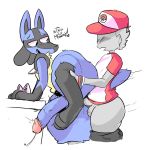  2018 anal anal_penetration anthro anthro_on_anthro balls big_penis blush butt clothed clothing cum duo elchilenito erection fur hair hat huge_penis humanoid_penis interspecies lucario male male/male mammal nintendo open_mouth penetration penis pok&eacute;mon pok&eacute;mon_(species) pok&eacute;mon_trainer pok&eacute;philia red_(pok&eacute;mon) sex shirt simple_background smile text tongue video_games 