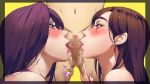  2girls black_hair brown_hair censored fellatio hetero licking_penis long_hair mole mole_under_mouth mosaic_censoring multiple_fellatio multiple_girls nail_polish oral original orushibu penis thick_eyebrows yellow_background 