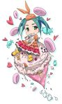  :3 blush bow candy chestnut_mouth chibi commentary_request doughnut dress eating food food_on_face green_eyes green_hair hand_on_lap hat heart highres holding holding_food ice_cream_cone in_food layered_dress looking_at_viewer monogatari_(series) nisemonogatari ononoki_yotsugi orange_bow orange_dress parted_lips pink_x puffy_short_sleeves puffy_sleeves short_sleeves sitting sitting_on_food solo twintails 