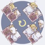  &gt;_&lt; admiral_hipper_(azur_lane) ahoge azur_lane blonde_hair commentary_request emblem futon multiple_girls pajamas pillow prinz_eugen_(azur_lane) silver_hair sleeping tweetdian under_covers 