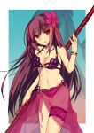  bad_id bad_pixiv_id bikini bracelet breasts commentary_request fate/grand_order fate_(series) flower gae_bolg hair_flower hair_intakes hair_ornament hibiscus highres jewelry leg_garter long_hair medium_breasts mo_(pixiv9929995) navel polearm purple_bikini purple_hair purple_sarong red_eyes sarong scathach_(fate)_(all) scathach_(swimsuit_assassin)_(fate) spear swimsuit weapon zoom_layer 