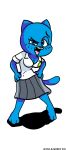  2013 aliasing anthro bedroom_eyes blue_eyes blue_fur cartoon_network cat clothed clothing feline female fur half-closed_eyes hands_on_hips looking_at_viewer mammal mature_female naughty_face nicole_watterson open_mouth raised_eyebrow seductive simple_background skirt solo the_amazing_world_of_gumball tongue tongue_out waniramirez whiskers wide_stance 