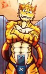  clothed clothing cross_arms feline locker_room male mammal morenatsu phone selfie swimsuit tiger topless torahiko_(morenatsu) ventkazemaru 