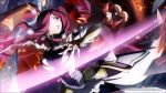  battle black_sclera blazblue blazblue:_central_fiction bodysuit breasts cleavage commentary energy_sword english_commentary evil_smile hat highres impossible_bodysuit impossible_clothes izayoi_(blazblue) konoe_a_mercury large_breasts multiple_girls official_art pink_hair ponytail red_eyes red_hair smile sword third-party_source weapon witch_hat yellow_eyes 