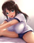  :d alice_gear_aegis bangs blue_buruma blush breasts brown_hair buruma collarbone commentary eyebrows_visible_through_hair eyes_visible_through_hair green_eyes gym_shirt gym_uniform hair_between_eyes hanging_breasts highres kaneshiya_sitara large_breasts leaning_forward long_hair looking_at_viewer open_mouth shinozuka_jouji shiny shiny_skin shirt short_sleeves sidelocks simple_background sitting smile solo sportswear spread_legs stretch sweat sweatdrop thighs tongue white_shirt 