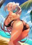  arched_back ass bad_id bad_twitter_id bare_shoulders beach bent_over bikini black_bikini blush bow breasts cameltoe character_request day earrings hair_bow hair_ornament hairclip highres higuchi_kaede huge_breasts jewelry long_hair looking_at_viewer looking_back mole mole_under_eye nijisanji nuezou ocean open_mouth palm_tree pink_eyes pink_hair sideboob smile solo swimsuit thighs tree very_long_hair 