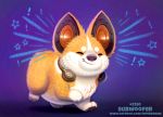  ! ambiguous_gender canine corgi cryptid-creations dog eyes_closed feral fur headphones humor mammal pawpads pun purple_background simple_background smile solo speaker star white_fur yellow_fur 