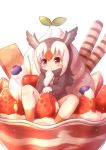  atlantic_puffin_(kemono_friends) bird_wings black_hair blueberry blush cinnamon_stick commentary_request eyebrows_visible_through_hair finger_in_mouth food fruit giant_food gloves head_wings ice_cream in_food jacket kemono_friends matsuu_(akiomoi) multicolored_hair pleated_skirt red_hair scarf short_hair sitting skirt socks solo strawberry sundae wafer_stick white_hair wings 