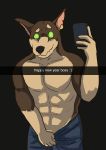  abs bxhrd canine clothed clothing doberman dog embarrassed glowing glowing_eyes male mammal muscular muscular_male pecs penis penis_base phone selfie snapchat solo tokyo_afterschool_summoners topless video_games xolotl 