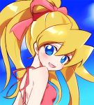  blonde_hair blue_eyes blue_sky blush breasts ciel_(rockman) cloud day gloves hair_between_eyes hair_ornament hair_ribbon head_tilt high_ponytail kon_(kin219) long_hair looking_at_viewer looking_to_the_side open_mouth pink_ribbon ponytail ribbon rockman rockman_zero sky small_breasts smile solo upper_body 