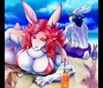  2018 ambiguous_gender anthro beach beverage biceps big_breasts bikini black_hair breasts claws clothing cloud cup ear_piercing female feral group hair isaki lagomorph male mammal muscular muscular_female muscular_male piercing rabbit red_hair sea seaside sky swimming_trunks swimsuit water 