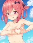 absurdres areolae armpits bat_hair_ornament blush breasts cloud cloudy_sky day eyebrows_visible_through_hair fang gabriel_dropout hair_ornament hair_ribbon hair_rings heart-shaped_boob_challenge highres kurumizawa_satanichia_mcdowell nervous_smile nude red_eyes red_hair ribbon shy sky small_breasts smile solo sweat upper_body weill 