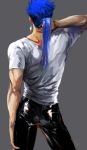  adjusting_hair back black_pants blue_hair casual commentary_request contrapposto denim earrings fate/stay_night fate_(series) from_behind grey_background jeans jewelry lancer makashiki_(aarni_0) male_focus muscle pants pocket ponytail shiny shirt short_sleeves simple_background solo spiked_hair t-shirt white_shirt 