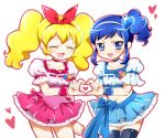  :d ^_^ ^o^ aikatsu! aikatsu!_(series) blonde_hair blue_eyes blue_hair blush bow choker closed_eyes commentary_request cosplay cowboy_shot crop_top cure_berry cure_berry_(cosplay) cure_peach cure_peach_(cosplay) dress fresh_precure! hair_bow hair_ornament hairband heart heart_hair_ornament heart_hands heart_hands_duo hoshimiya_ichigo kagami_chihiro kiriya_aoi long_hair looking_at_viewer magical_girl midriff multiple_girls navel open_mouth parody partial_commentary precure puffy_short_sleeves puffy_sleeves shiny shiny_clothes shiny_hair shiny_skin short_sleeves side_ponytail simple_background skirt smile thighhighs twintails white_background wrist_cuffs younger 