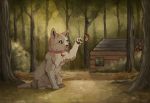  2014 ambiguous_gender arthropod black_nose blue_eyes butterfly cat collar day detailed_background digital_media_(artwork) duo feline feral forest fur grey_fur insect mammal maplespyder outside tree 