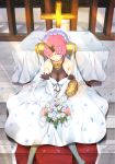  bare_shoulders bouquet breasts bridal_veil closed_eyes cross dress elbow_gloves fate/apocrypha fate_(series) flower frankenstein's_monster_(fate) gloves hair_over_one_eye headgear highres holding holding_bouquet horn inu3 medium_breasts pink_hair short_hair sitting solo veil wedding_dress white_dress white_flower white_gloves 