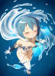  absurdres blue_background blue_hair blush breasts cape closed_eyes dissolving_clothes gloamy groin henshin highres mahou_shoujo_madoka_magica medium_breasts miki_sayaka nipples nude open_mouth short_hair simple_background solo soul_gem thighs transformation 